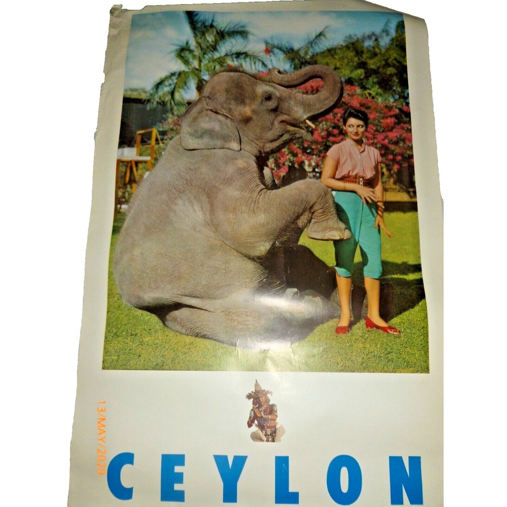 Vintage Ceylon Travel Poster Elephant Woman Tropical Mid Century Sri Lanka 24x39